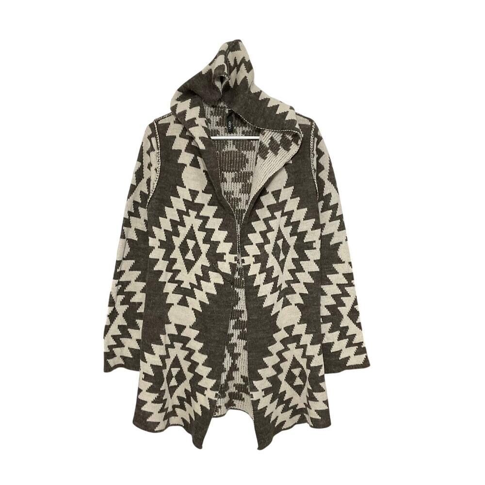 Elan Hooded Cardigan Womens Medium Aztec Wool Blend Knit Open Front w/pin